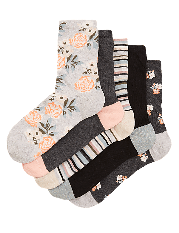 5pk Cotton Rich Floral Ankle High Socks