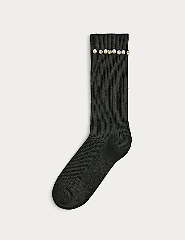 Knöchelhohe, gerippte Socken mit Wollanteil und Verzierung - AT