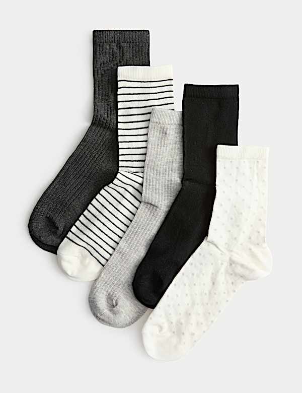 5pk Cotton Rich Patterned Ankle High Socks - RS