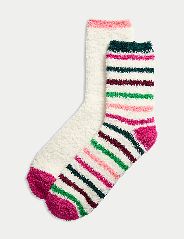 2pk Cosy Striped & Plain Fluffy Socks - GR