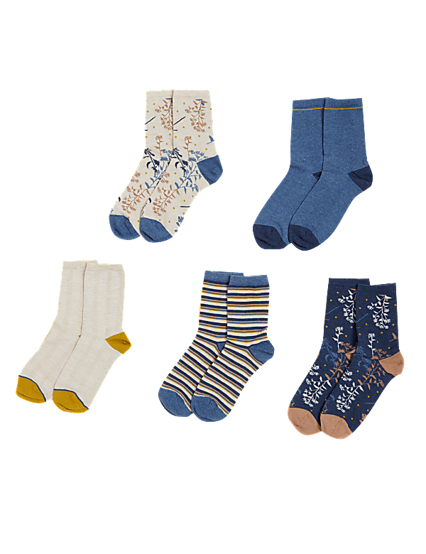 5pk Cotton Blend Floral Ankle High Socks