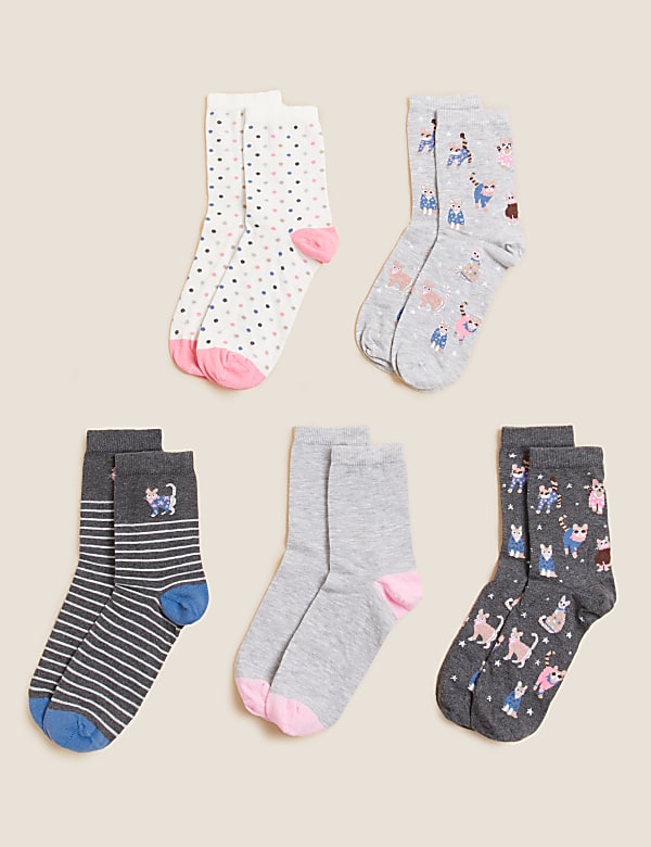 5pk Cotton Rich Cat Ankle High Socks