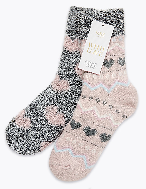 2 Pair Pack Heart Print Fluffy Socks