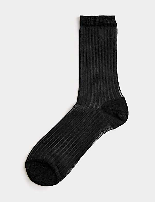 Cotton Blend Sheer Ribbed Sparkly Crew Socks - EE