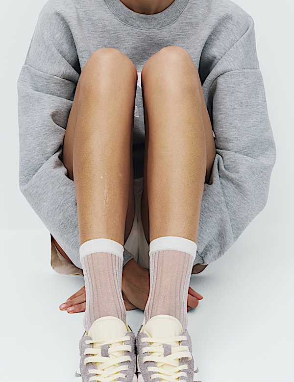 Cotton Blend Sheer Ribbed Sparkly Crew Socks - IT