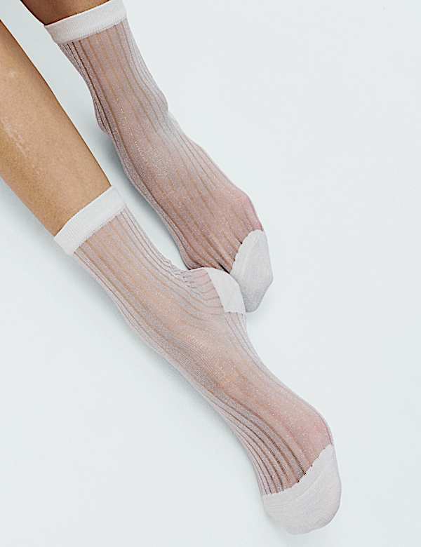 Cotton Blend Sheer Ribbed Sparkly Crew Socks - IT