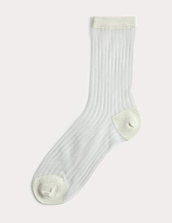 Cotton Blend Sheer Ribbed Sparkly Crew Socks - IT