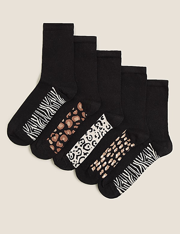 5pk Cotton Rich Animal Print Ankle Highs