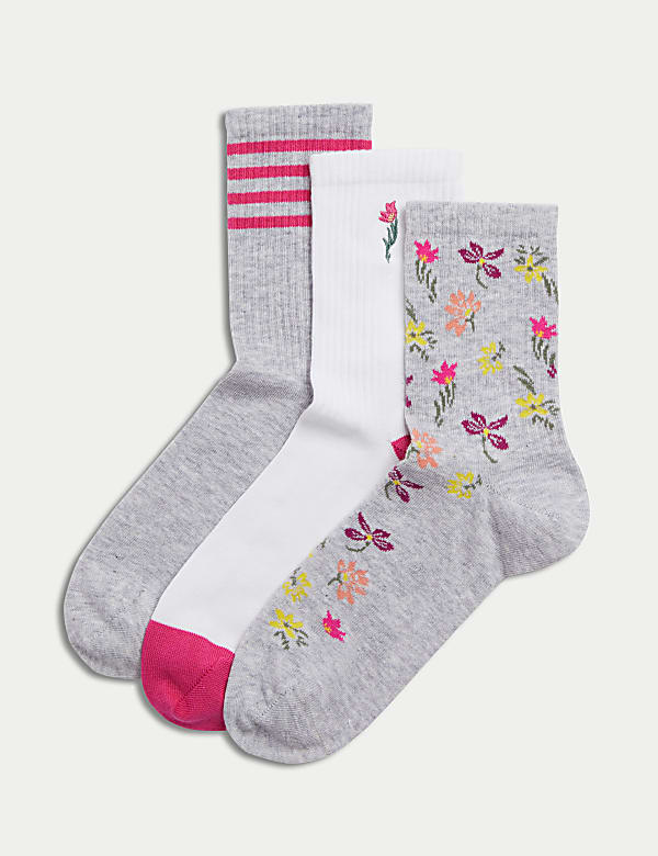 3pk Cotton Blend Floral Ankle High Socks - DK