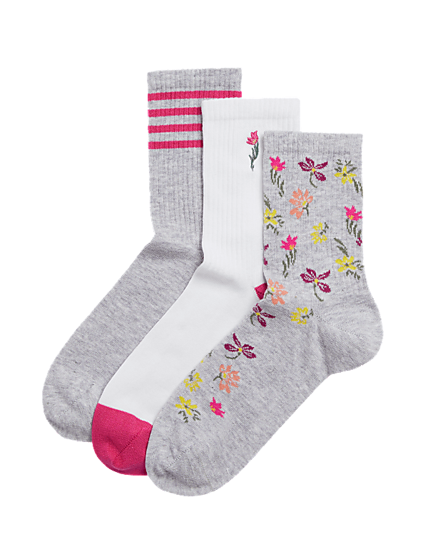 3pk Cotton Blend Floral Ankle High Socks