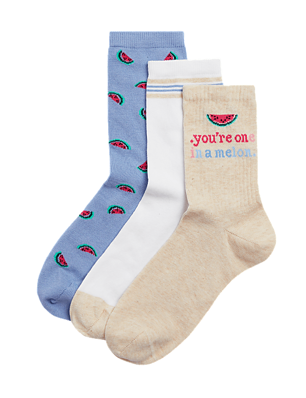 3pk Cotton Blend Watermelon Ankle High Socks