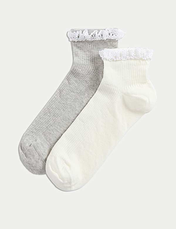 2pk Cotton Rich Lace Trim Quarter Socks - NZ