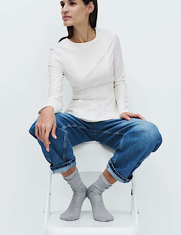 Cotton Blend Ribbed Embellished Crew Socks - RO