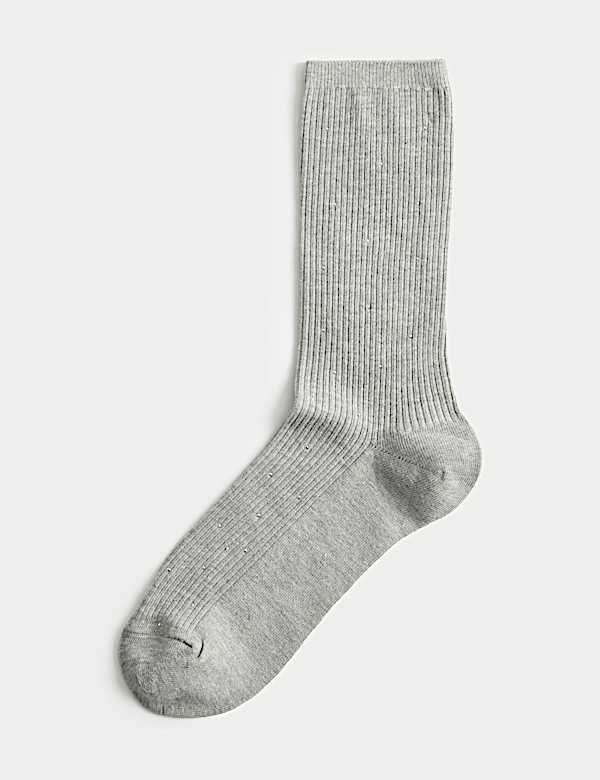Cotton Blend Ribbed Embellished Crew Socks - RO