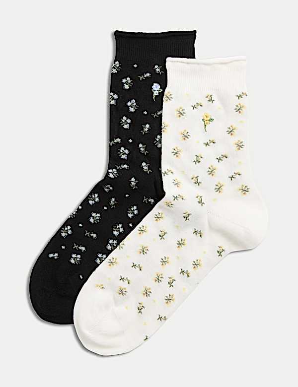 2pk Cotton Rich Floral Crew Socks - NO