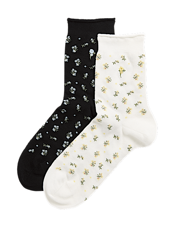 2pk Cotton Rich Floral Crew Socks