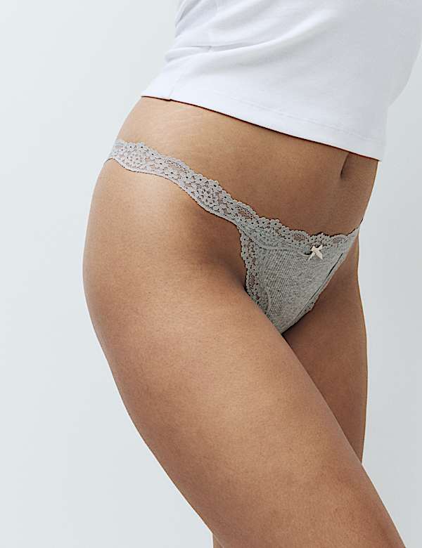 3 Pack Cotton Blend Rib Lace Thongs - NZ