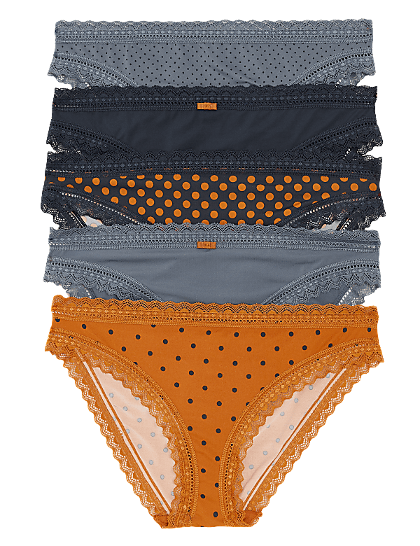 5pk Microfibre & Lace Spot Bikini Knickers