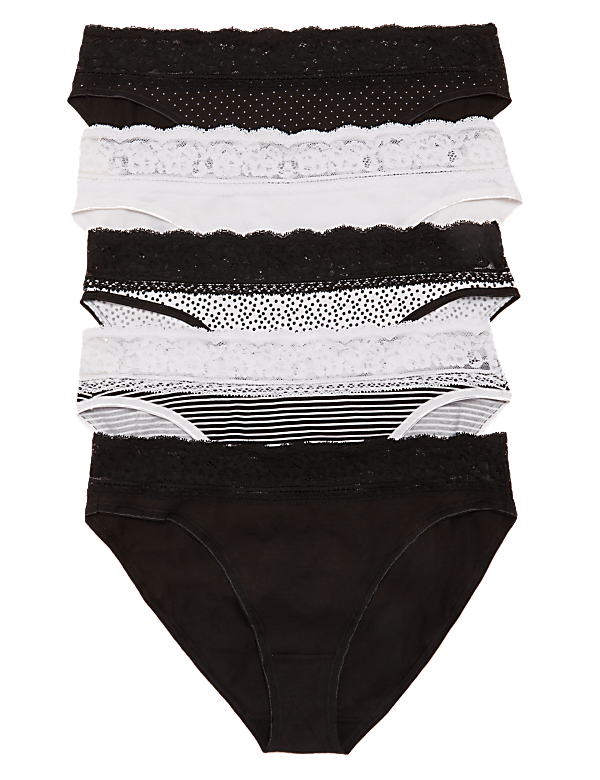 5pk Cotton & Lace High Leg Knickers
