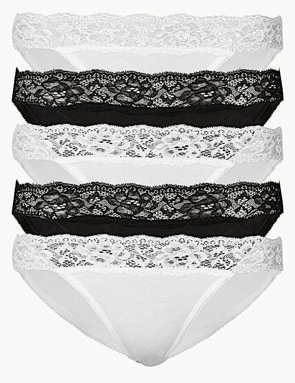 5pk Cotton Lycra&reg; Lace Bikini Knickers