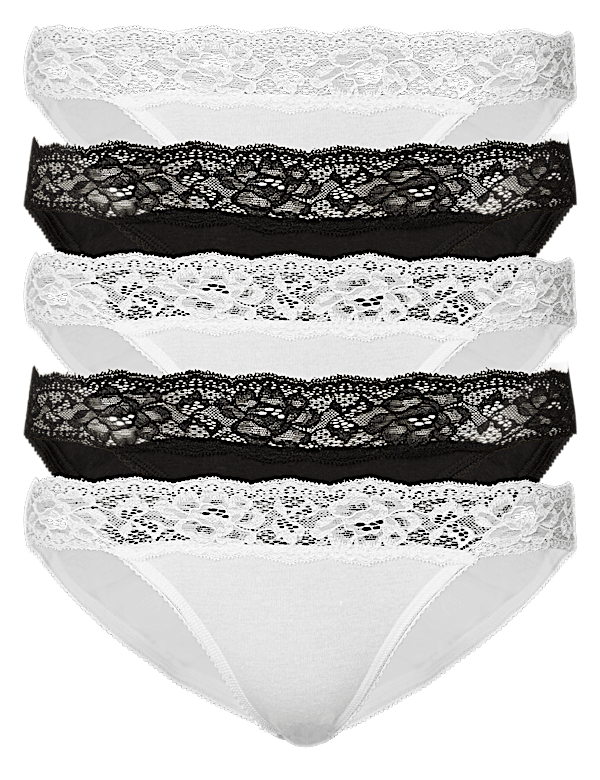 5pk Cotton Lycra&reg; Lace Bikini Knickers