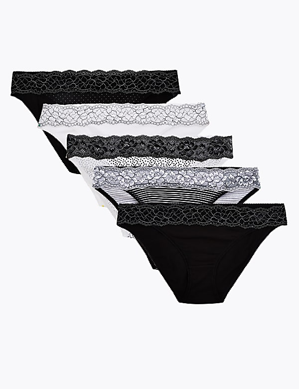 5pk Cotton Lycra® & Lace Bikini Knickers