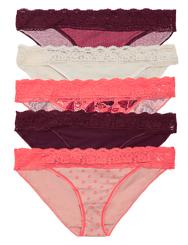 5pk Cotton Lycra® & Lace Bikini Briefs