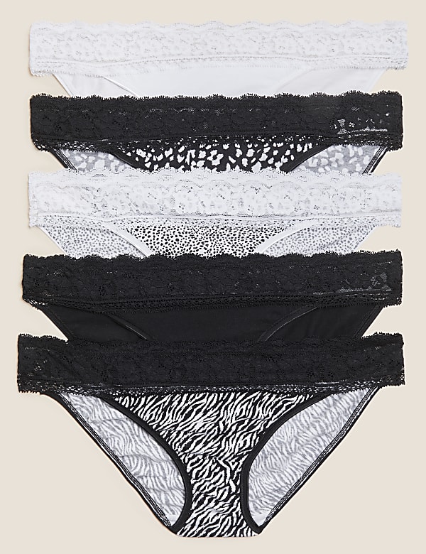 5pk Cotton Blend & Lace Bikini Knickers - GR