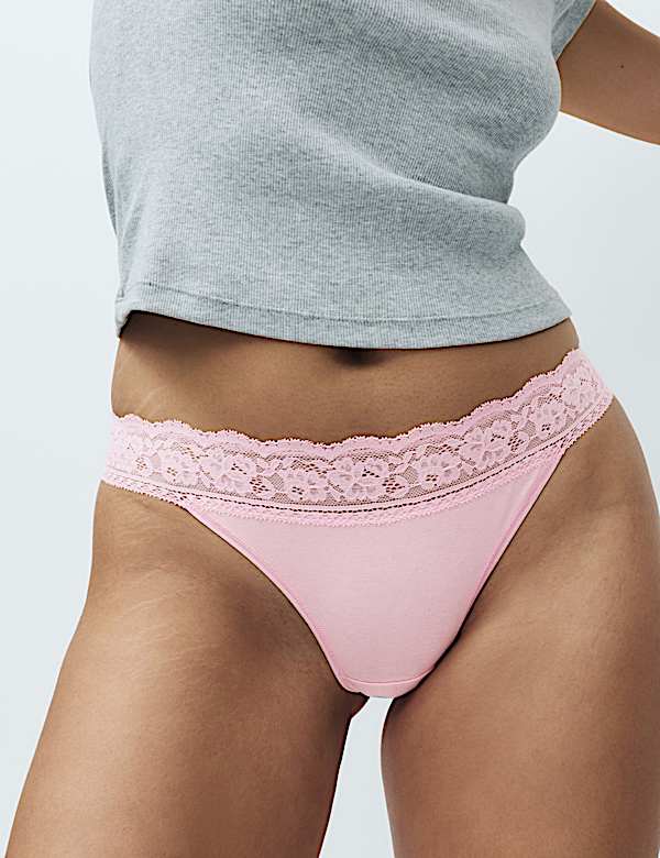 5pk Cotton & Lace Printed Thongs - IS