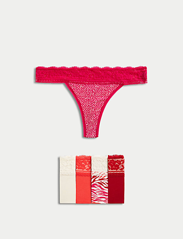 5pk Cotton & Lace Printed Thongs - GR