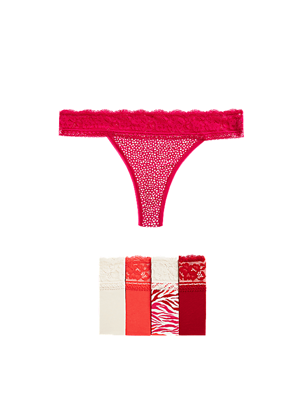 5pk Cotton & Lace Printed Thongs