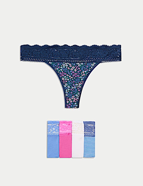 5pk Cotton & Lace Printed Thongs
