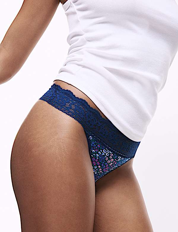 5pk Cotton & Lace Printed Thongs