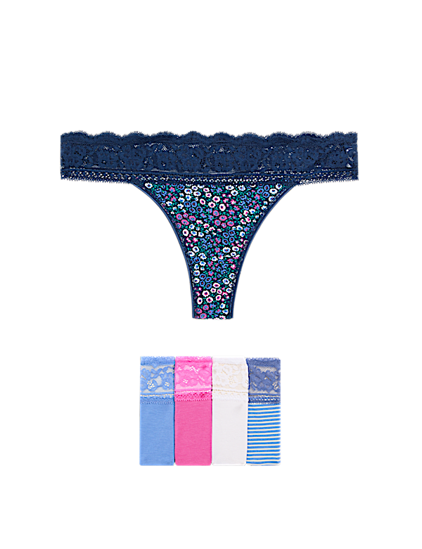 5pk Cotton & Lace Printed Thongs