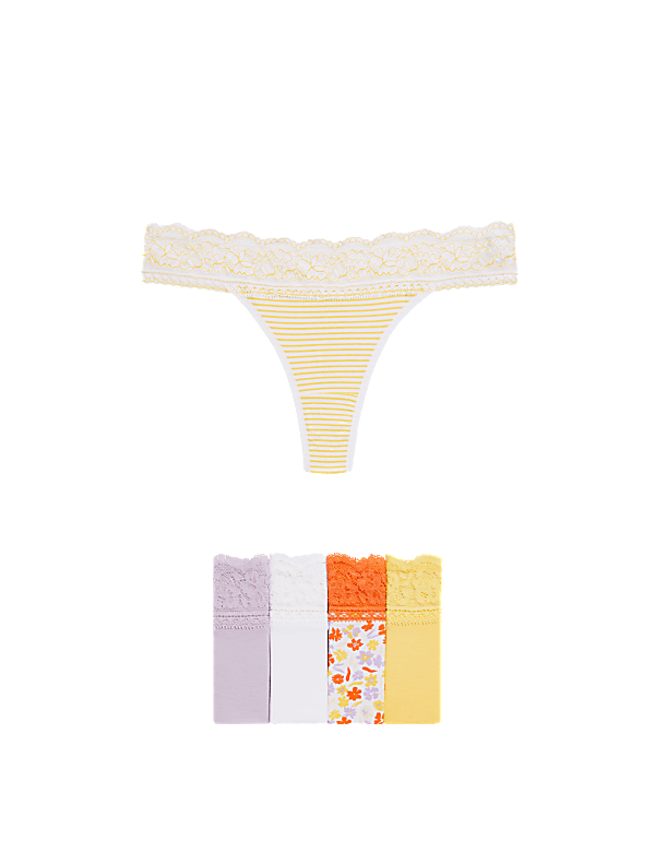 5pk Cotton & Lace Printed Thongs