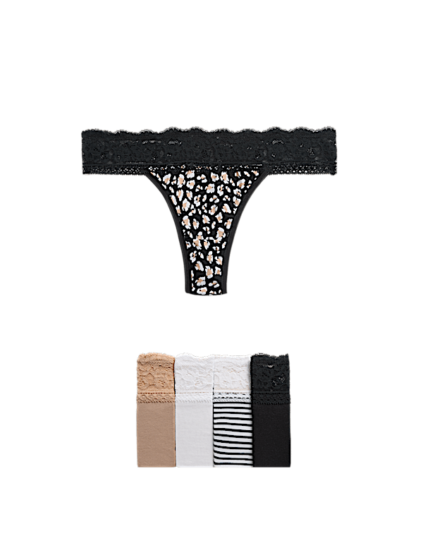 5 Pack Cotton & Lace Printed Thongs