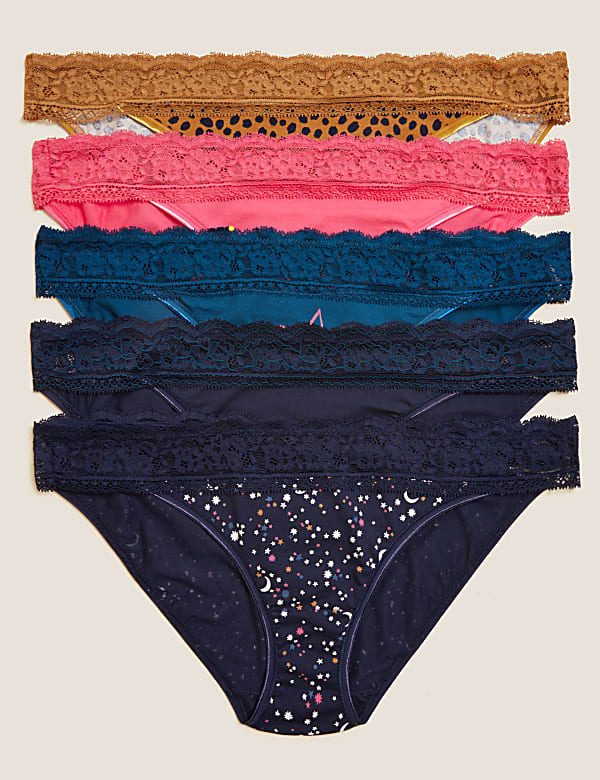 5pk Cotton & Lace Low Rise Bikini Knickers