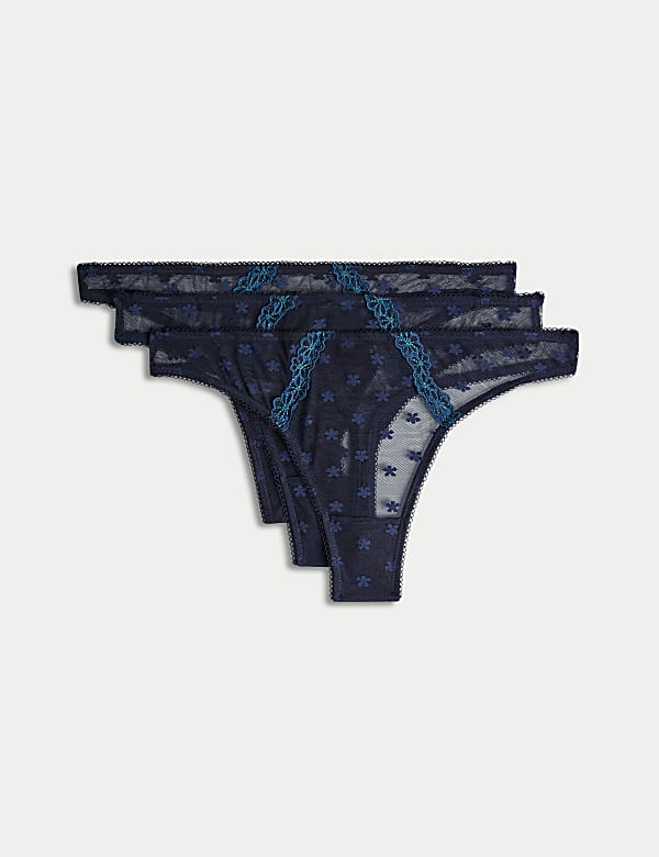 3pk Daisy Embroidery Mesh Thongs