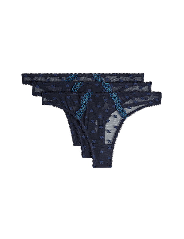 3pk Daisy Embroidery Mesh Thongs