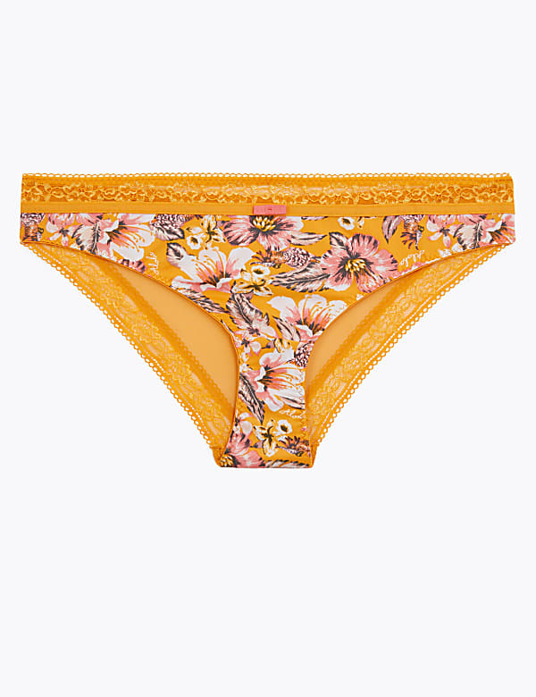 Tropical Print Lace Trim Brazilian Knickers