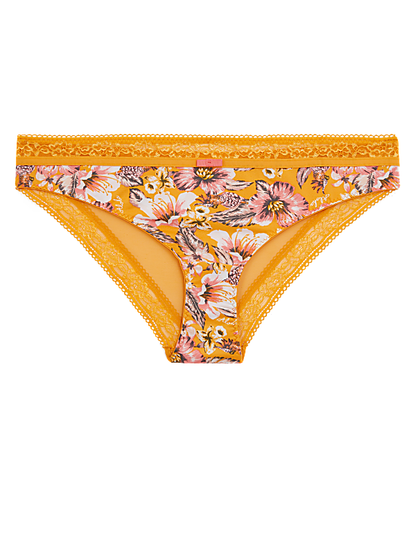 Tropical Print Lace Trim Brazilian Knickers