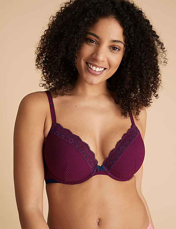 Lace Trim Underwired Plunge Bra A-E
