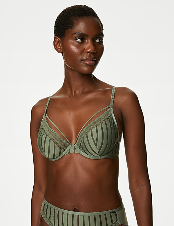 Mesh Striped Wired Plunge Bra A-E