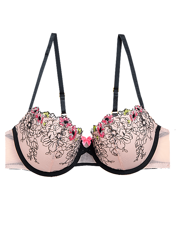 Floral Tattoo Embroidered Push Up Bra A-DD