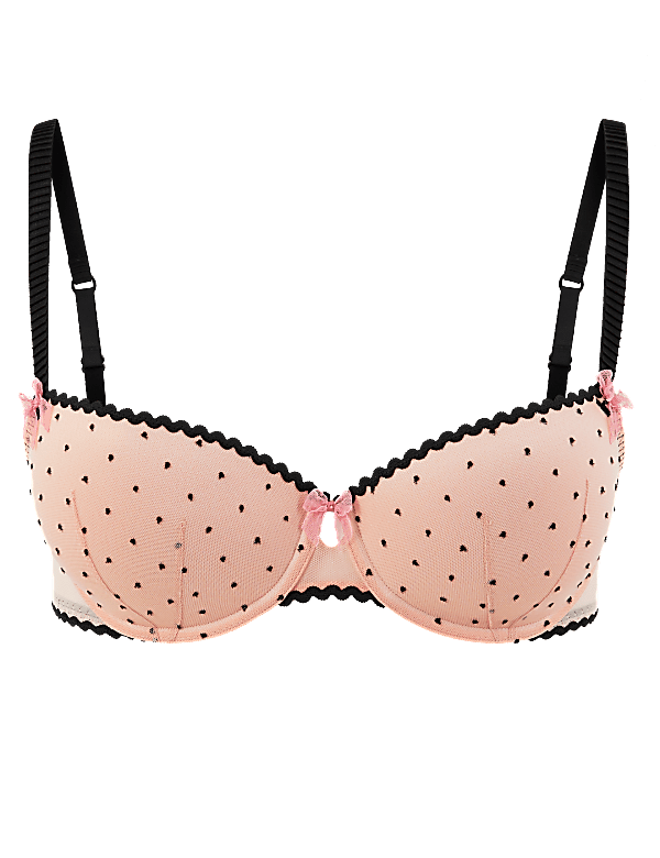 Embroidered Polka Dot Push Up Balcony Bra A-E