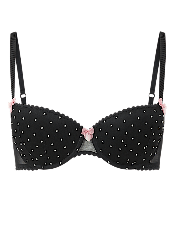 Embroidered Polka Dot Push Up Balcony Bra A-E