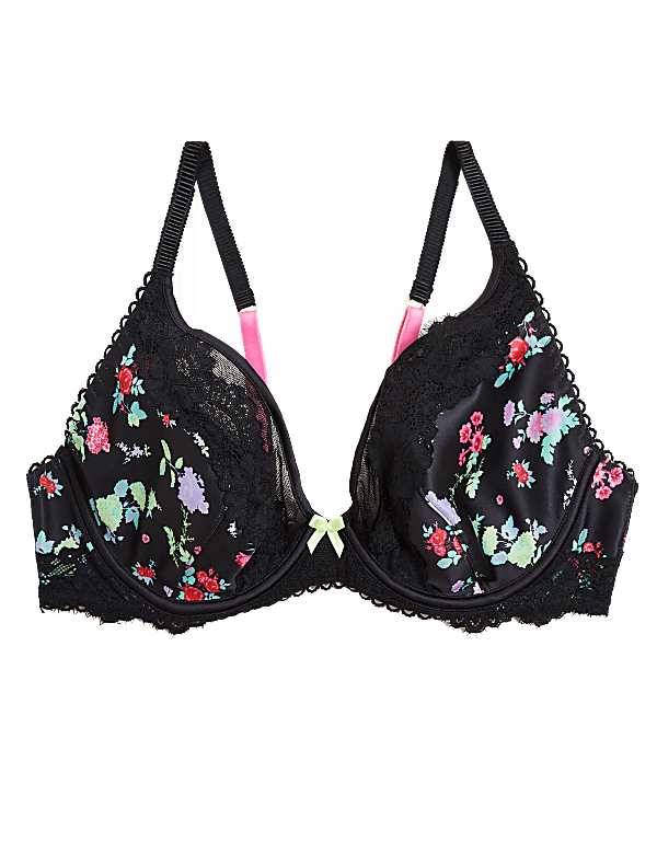 Emilia Satin Floral Wired Plunge Bra A-E