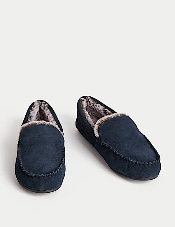 Suede Fleece Lined Moccasin Slippers - GR