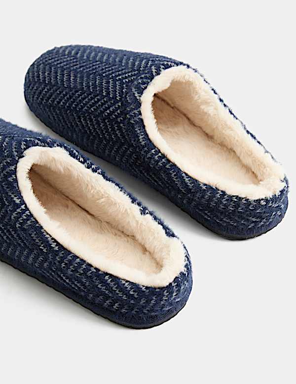Fleece Lined Herringbone Mule Slippers - MV
