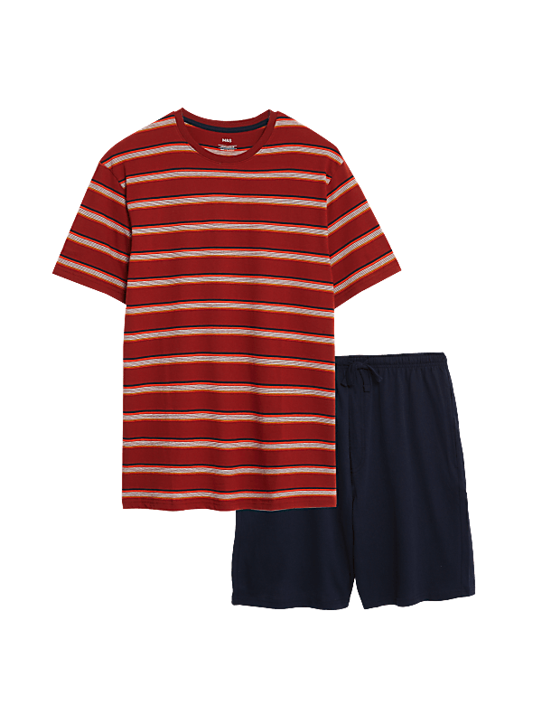 Set of 2 Pure Cotton Striped T-Shirt with Drawstring Shorts